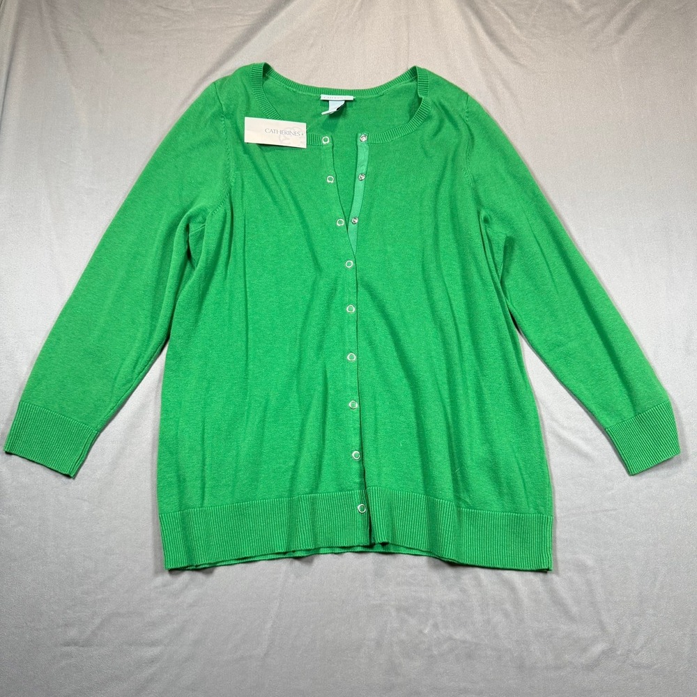 Catherines Snap Front Cardigan Womens‎ 0X Green Cotton Knit Casual266 Sweater